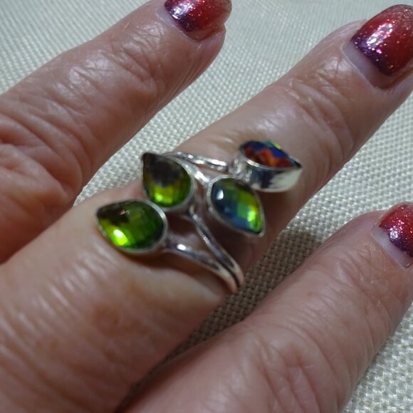 Leafy RAINBOW MYSTIC TOPAZ Handmade Sterling RIng Size 10.5 #966B - Picture 1 of 3